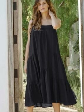 jenni kayne seersucker tiered cotton midi dress black beachy coastal organic S